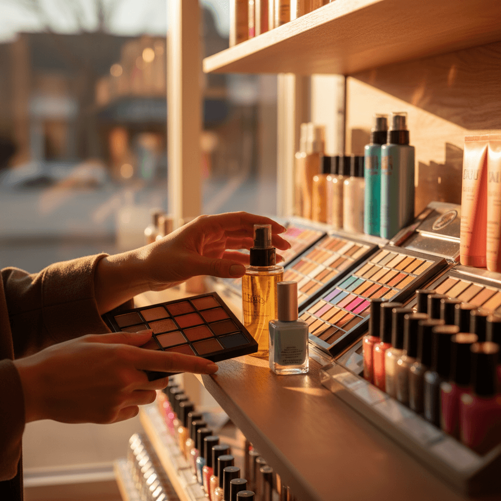 Customer selecting beauty products from organized retail display