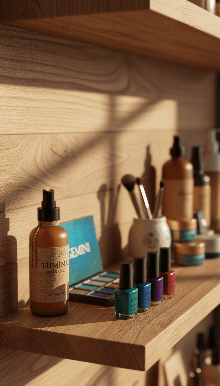 Curated beauty products displayed on wooden shelves with natural lighting