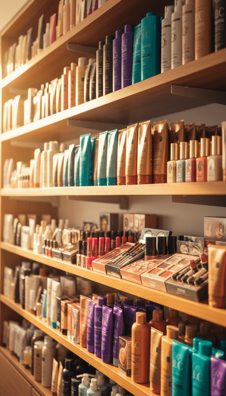 Organized beauty supply shelves at Jac Beauty Store with hair care, makeup, and nail products