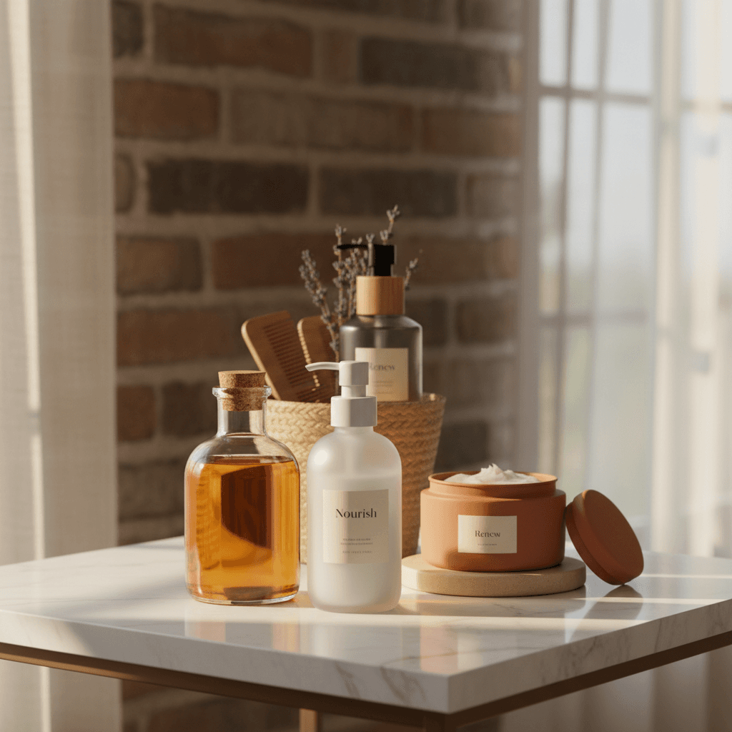 Hair care products on display shelf